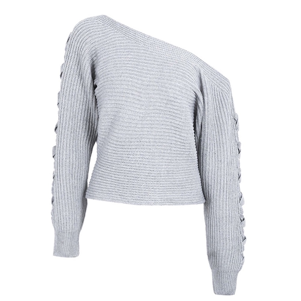 Off Shoulder Braided Sleeve Ribbed Knit Sweater - Picture 3 of 5